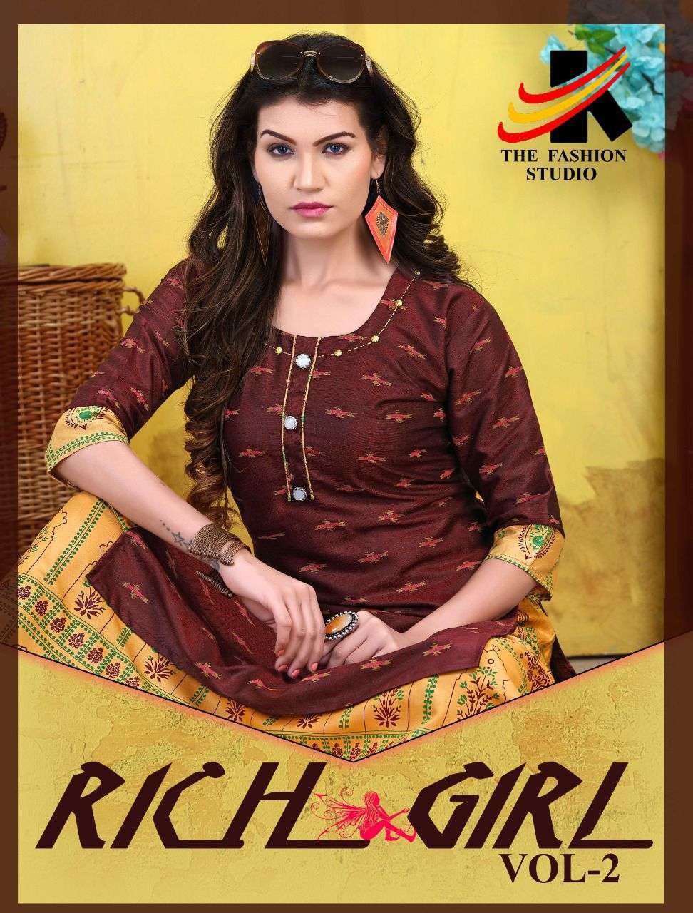 RICH GIRL VOL.2 BY THE FASHION STUDIO HEAVY RAYON WITH FOIL PRINT KURTI WITH SKIRT CATLOG COLLECTION