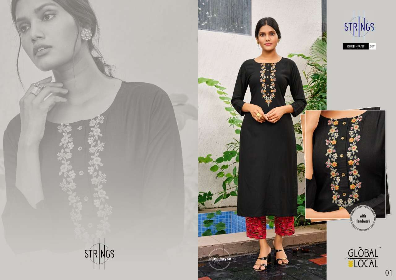 STRINGS BY GLOBAL LOCAL RAYON WORK KURTI WITH PANT COMBO COLLECTION