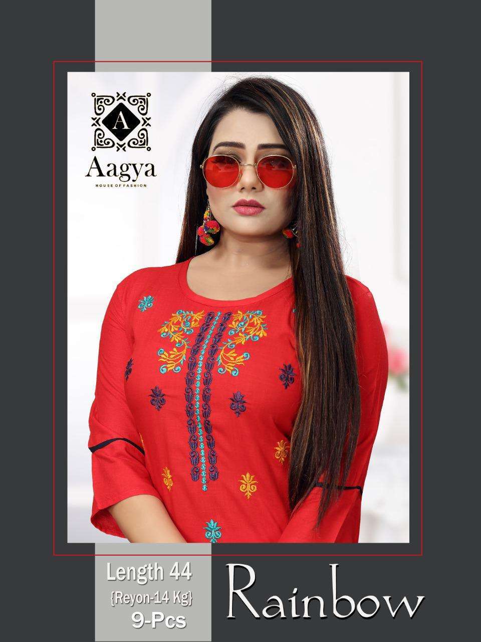 aagya rainbow series 001-009 Rayon Slub Embroidered Work Kurti