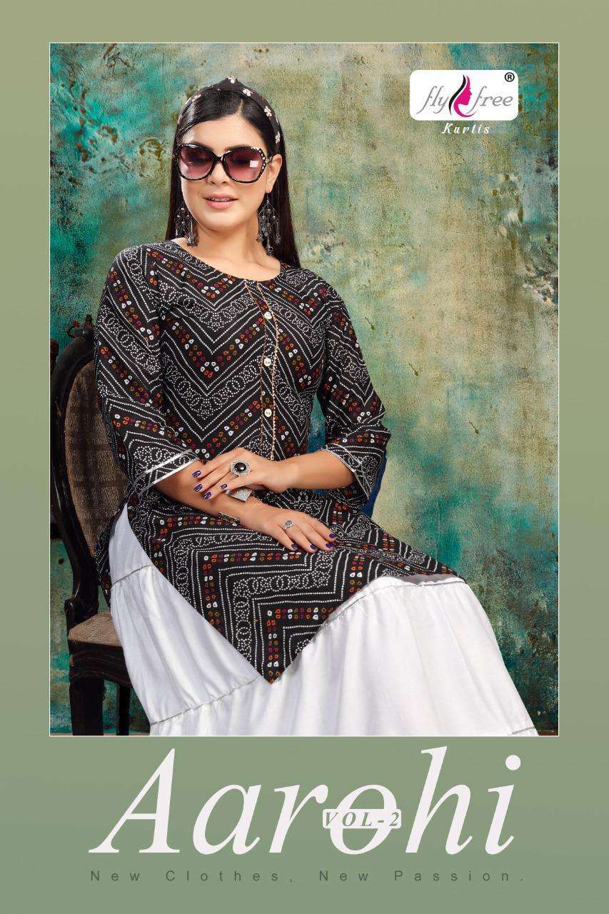  AAROHI VOL.2 BY FLY FREE HEAVY RAYON PRINT AND PLAIN TOP SKIRT WITH SELVER LASE LONG KURTI 