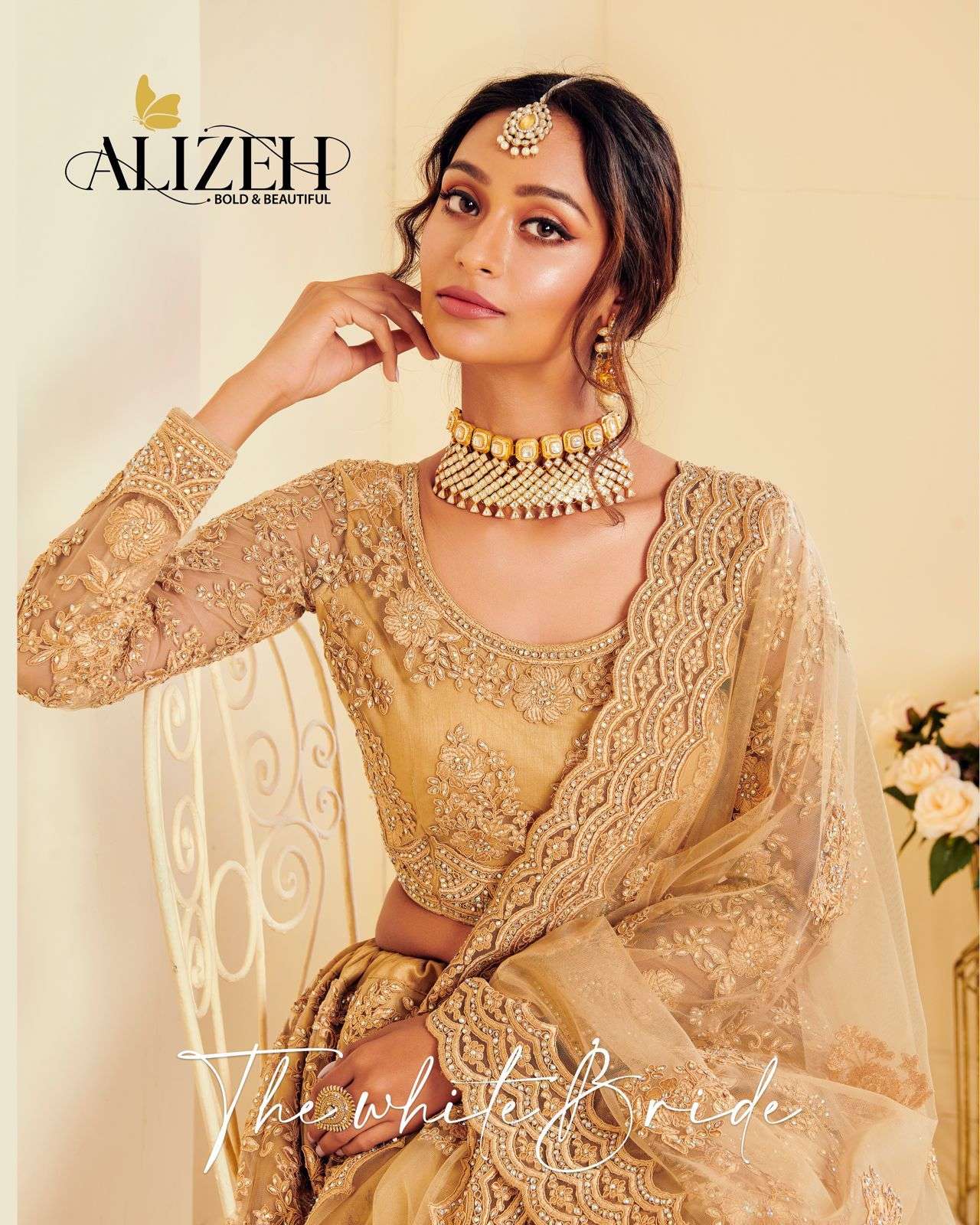 ALIZEH  THE WHITE BRIDE DESIGNER NET WITH SILK LEHENGA 