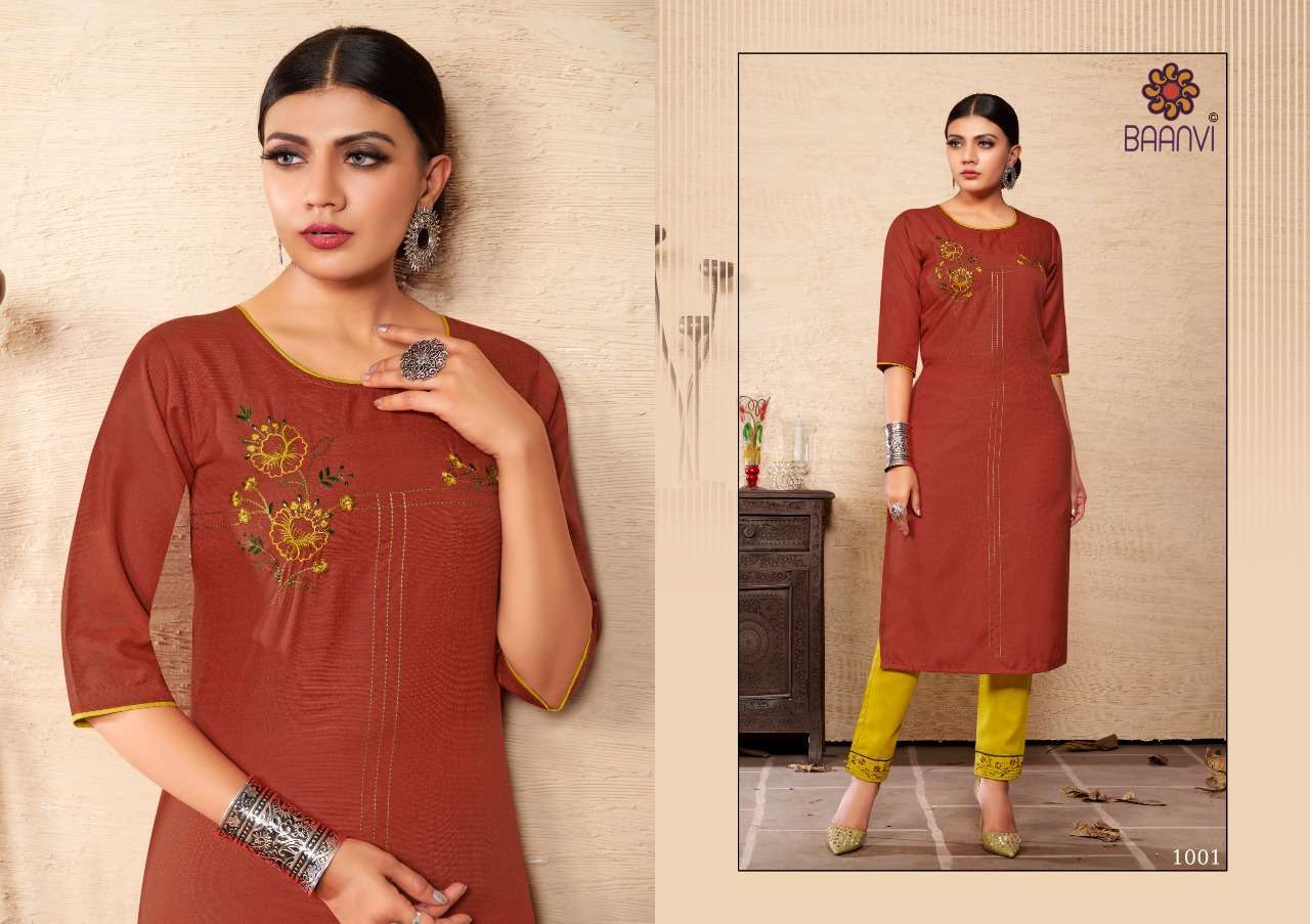 baanvi rangoli vol 1 series 1001-1008 cotton with embroidery kurti