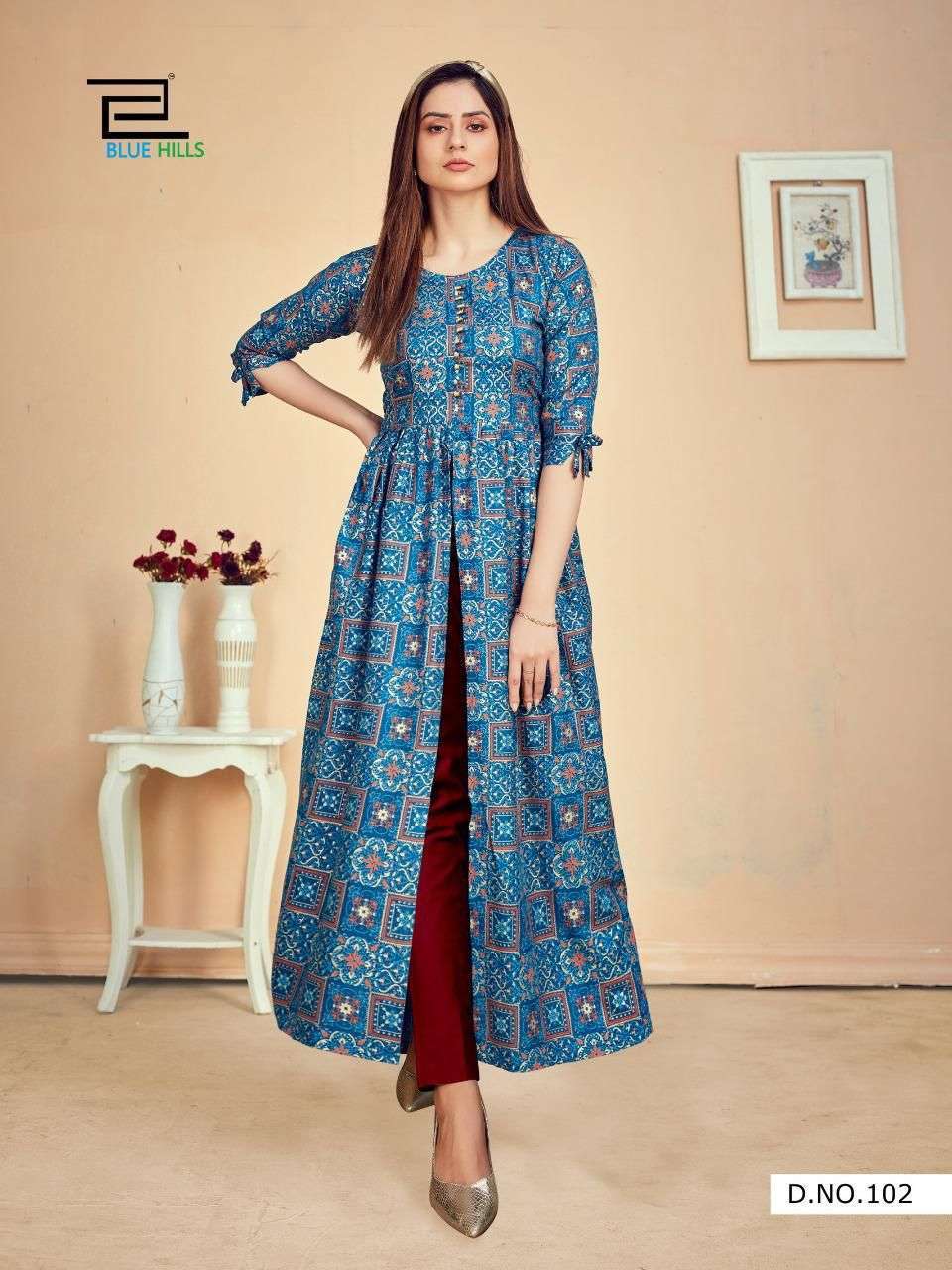 blue hills calender vol 5 series 101-108 rayon with foil print kurti 