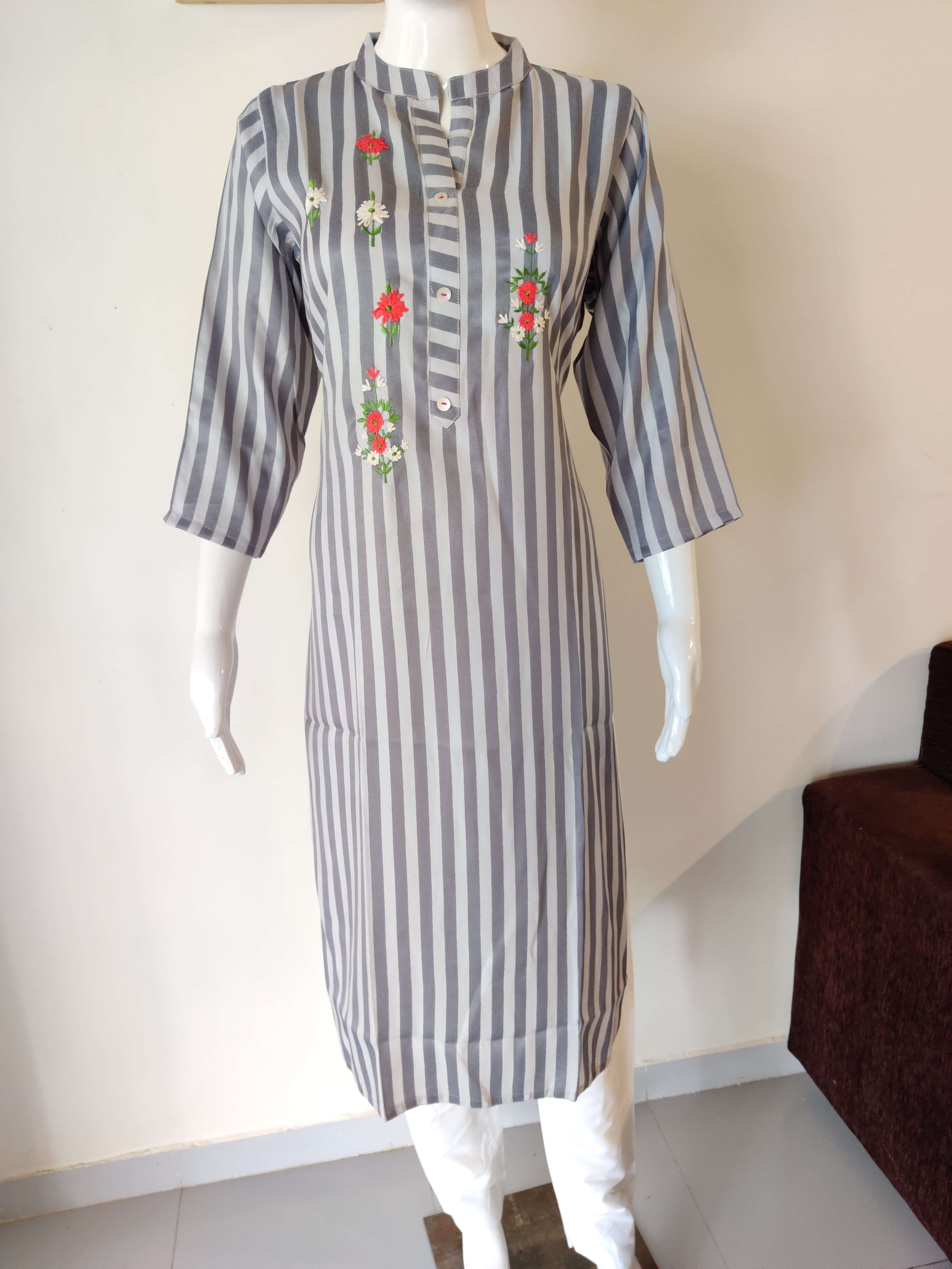 Cotton stripes kurti with embroidery.