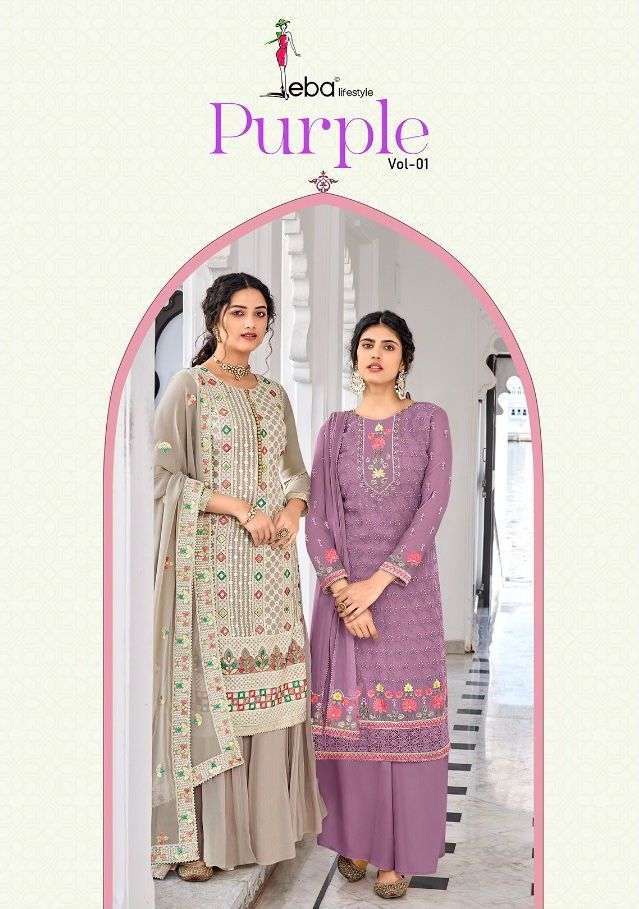 Eba lifestle purple vol 1 series 1332-1335 faux georgette with heavy embroidery suit