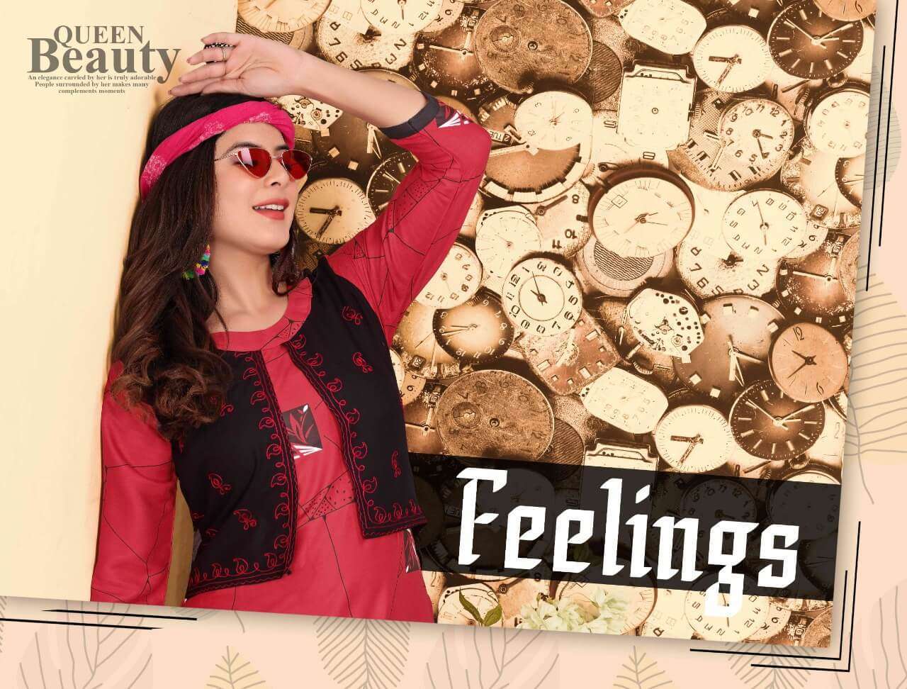 feelings Rayon Print Straight Kurta with Attached Embroidered Jacket