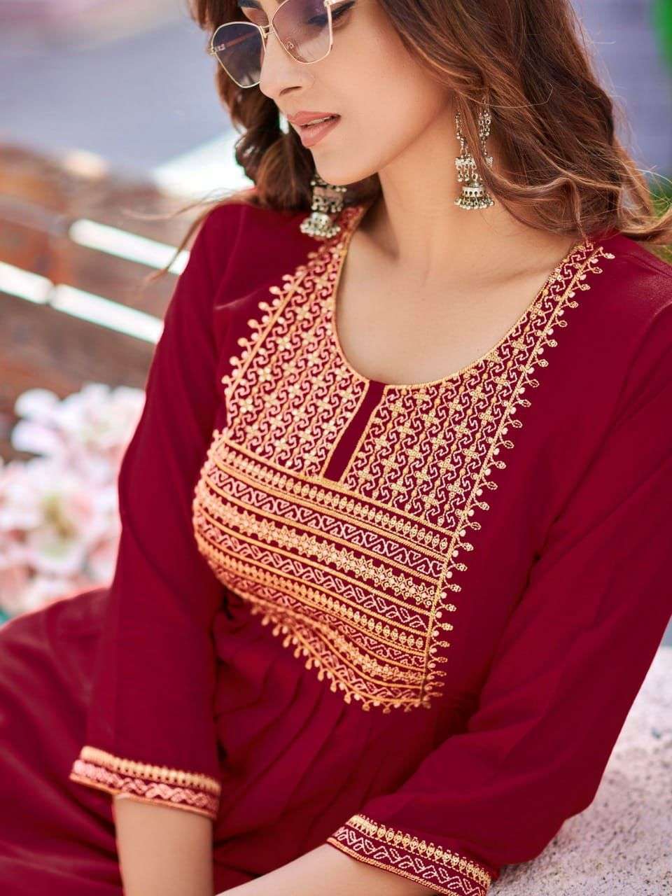 GOLDEN DAIRIES BY TRENDY HEAVY RAYON SLUB 14 KG ZARI WITH SEQUENCE SLEEVES WORK KURTI