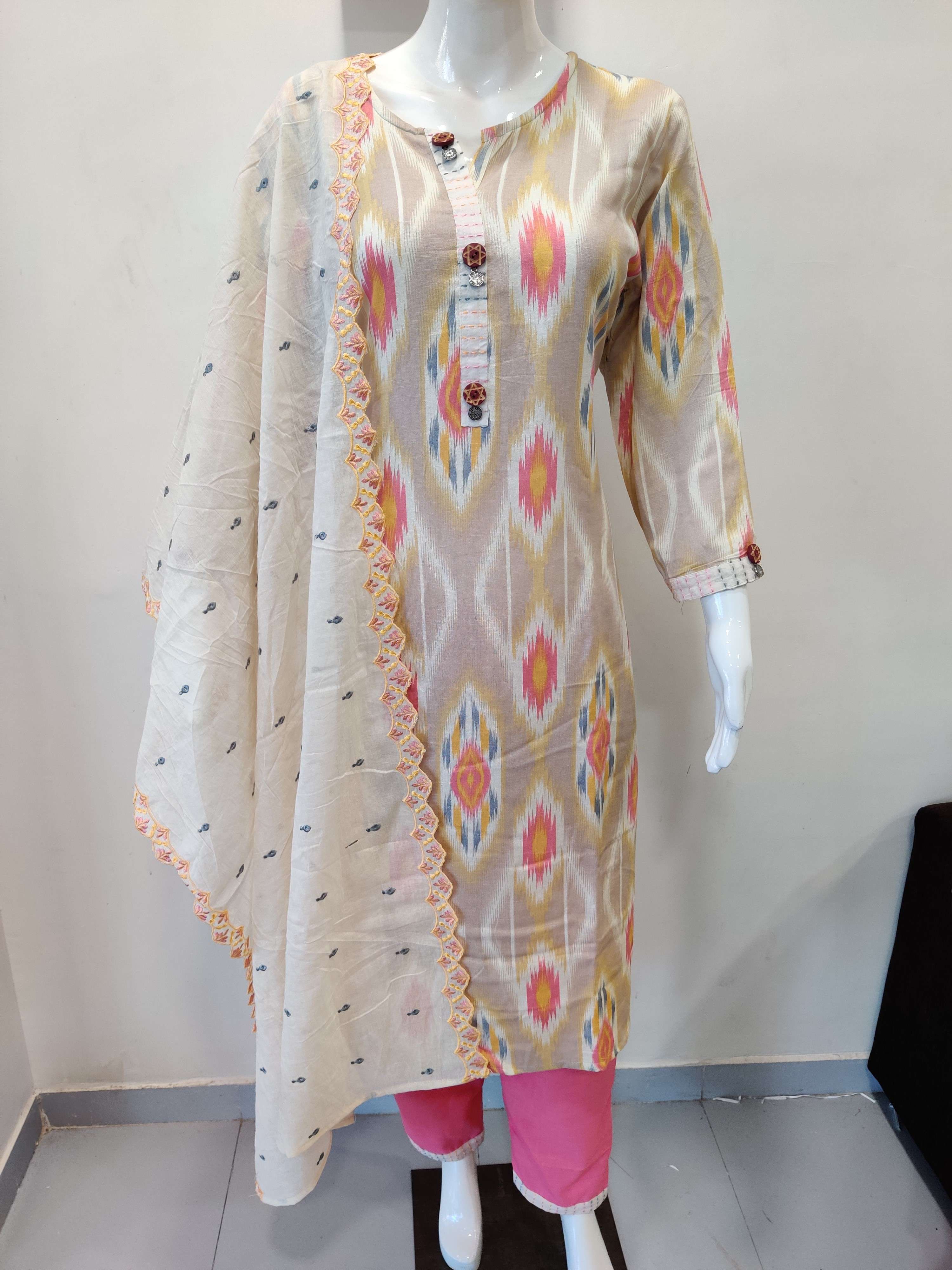 Heavy Cotton Print top with handwork and Mul Dupatta with Embroidery work