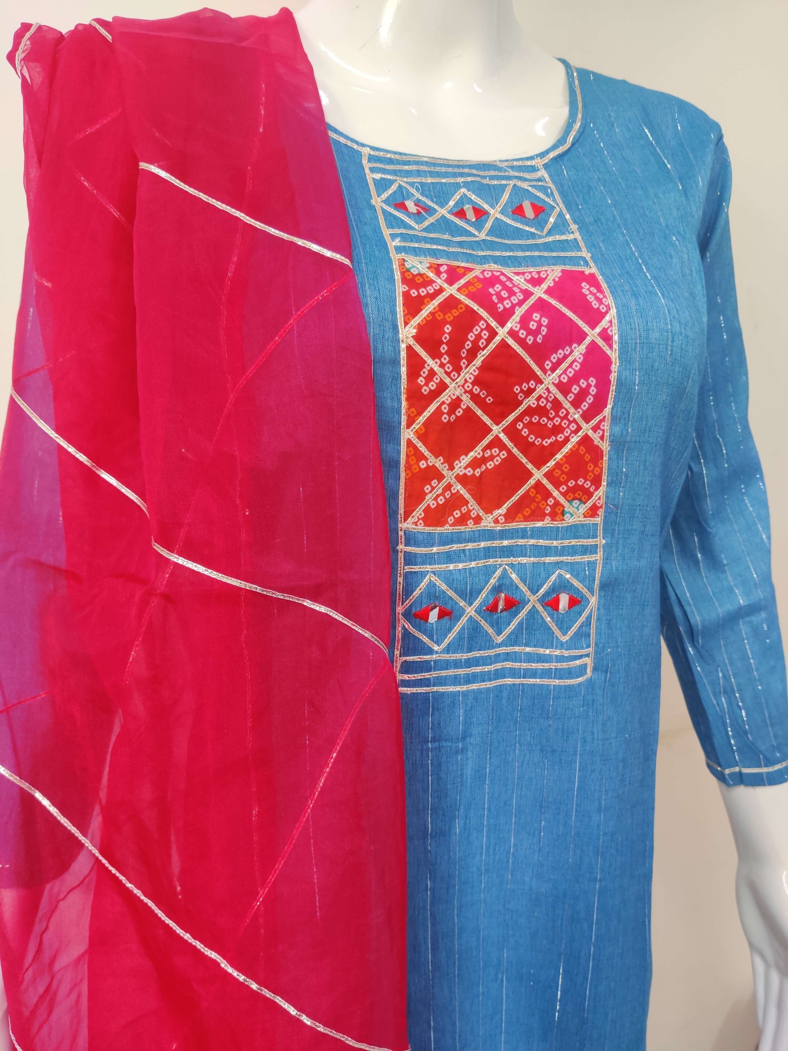 heavy rayon lurex top with cotton bandhani sharara and organza dupatta