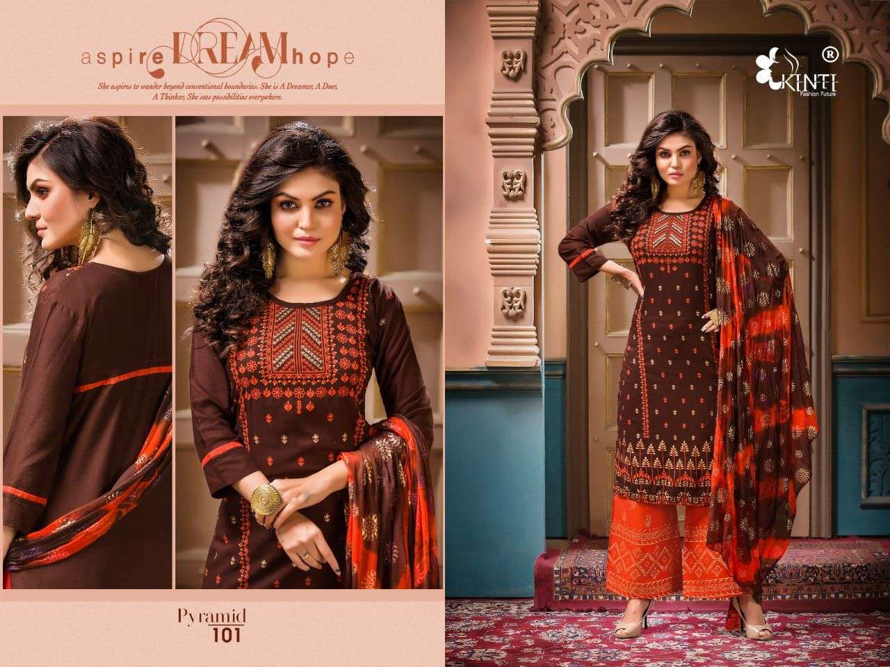 Kinti pyramid series 101-106 rayon slub kurti with dupatta