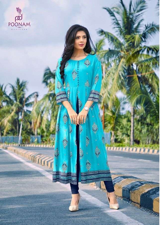 poonam designer akshara series 1001-1008 pure rayon foil print kurti 