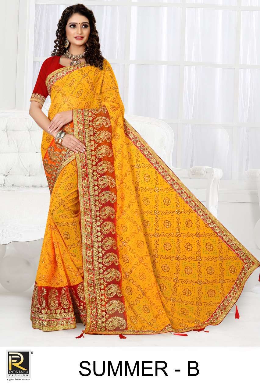 ranjna saree summer embroidery worked border Georgette bandhani saree collection