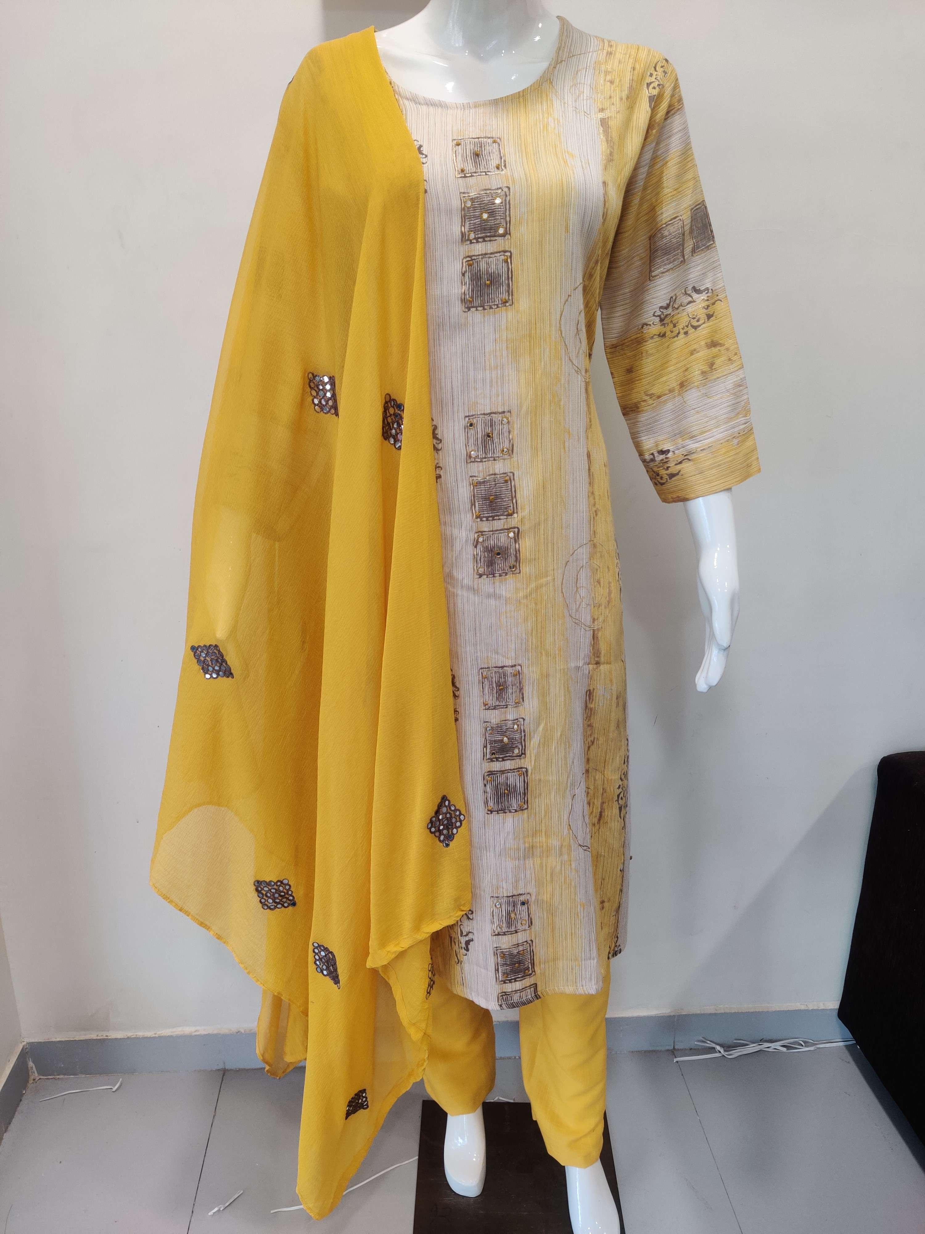 Rayon Foil Print top with handwork and pants with mirror work Dupatta