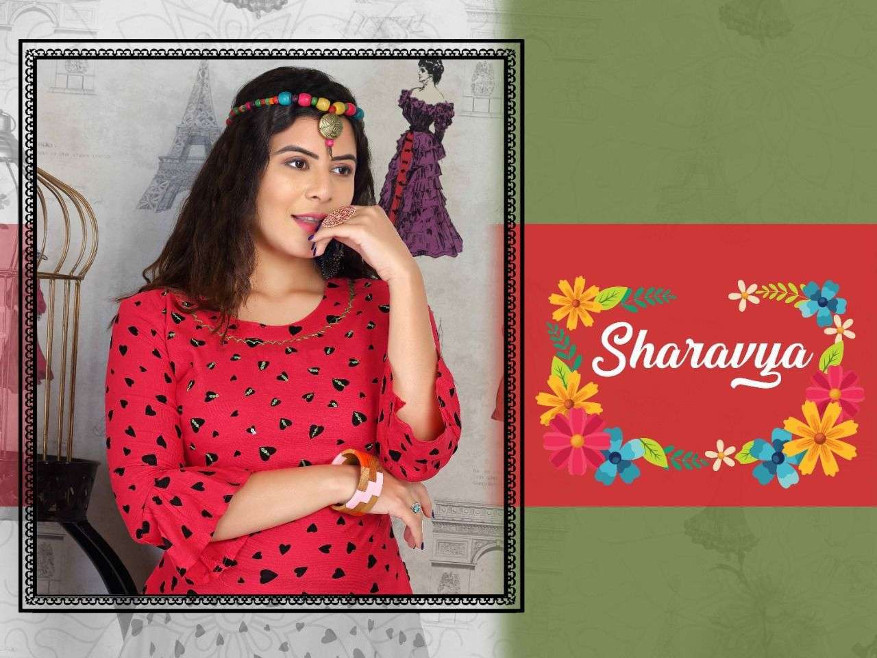 sharavya series 101-106 140 gm reyeon print with hand work kurti