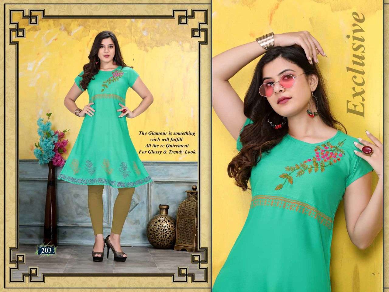 snowdrop series 201-208 14 kg rayon hand embroidered kurti 