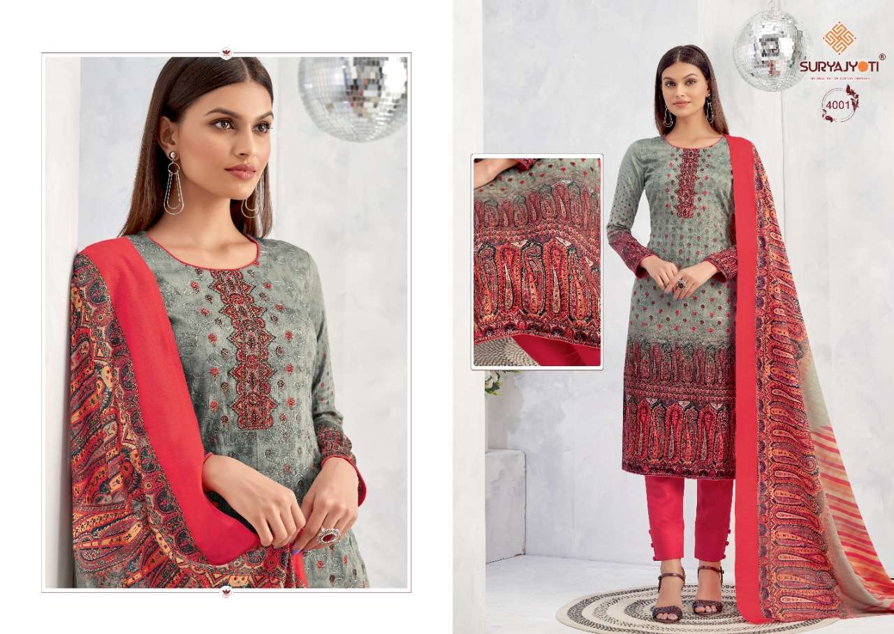 suryajyoti nushrat vol 4 series 4001-4008 heavy satin cotton suit 