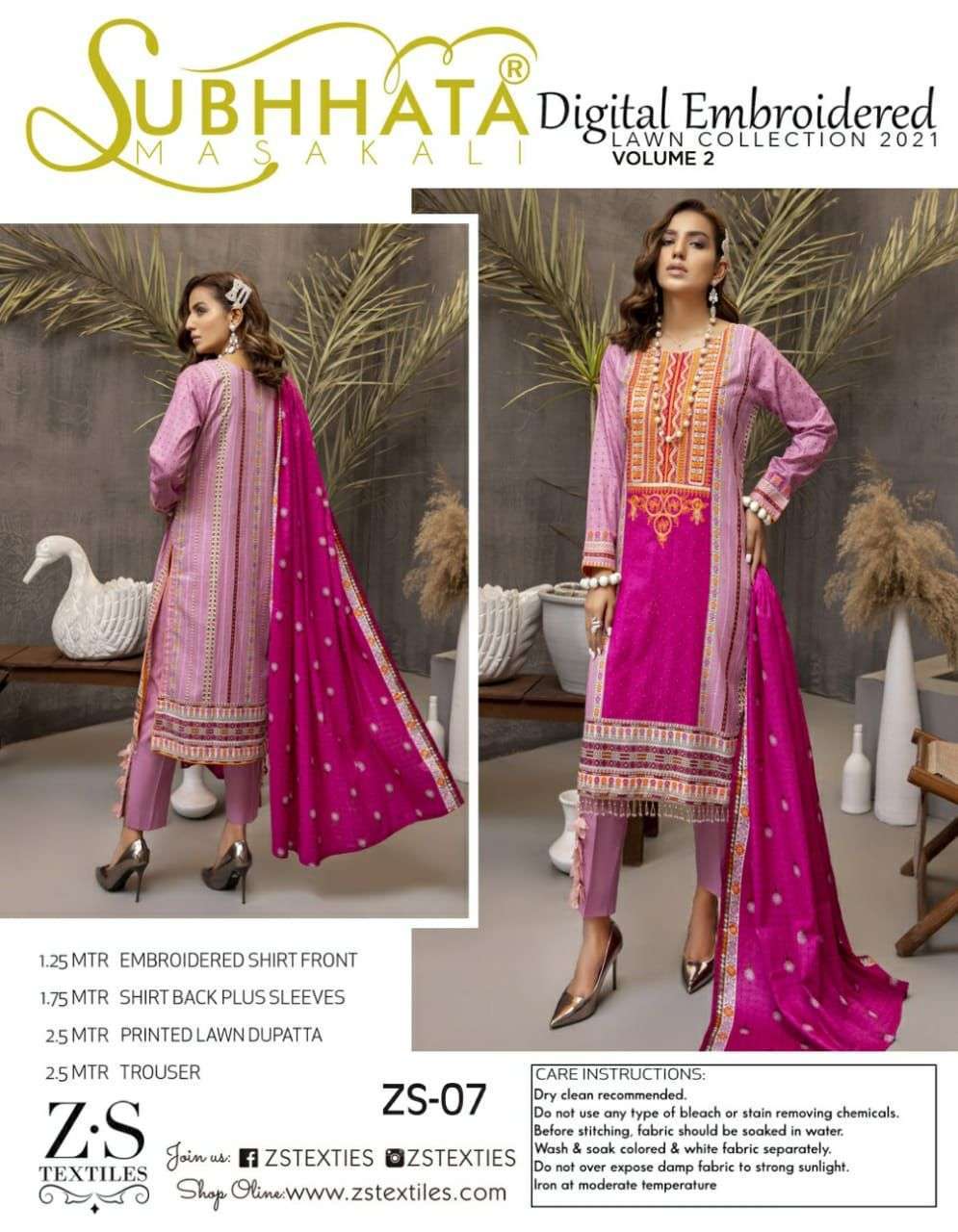 zs textiles Subhhata masakali vol 2 series 01-08 digital printed lawn suit 