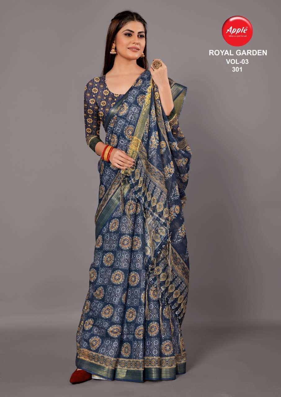 apple royal garden vol 3 series 301-308 soft linen digital print saree