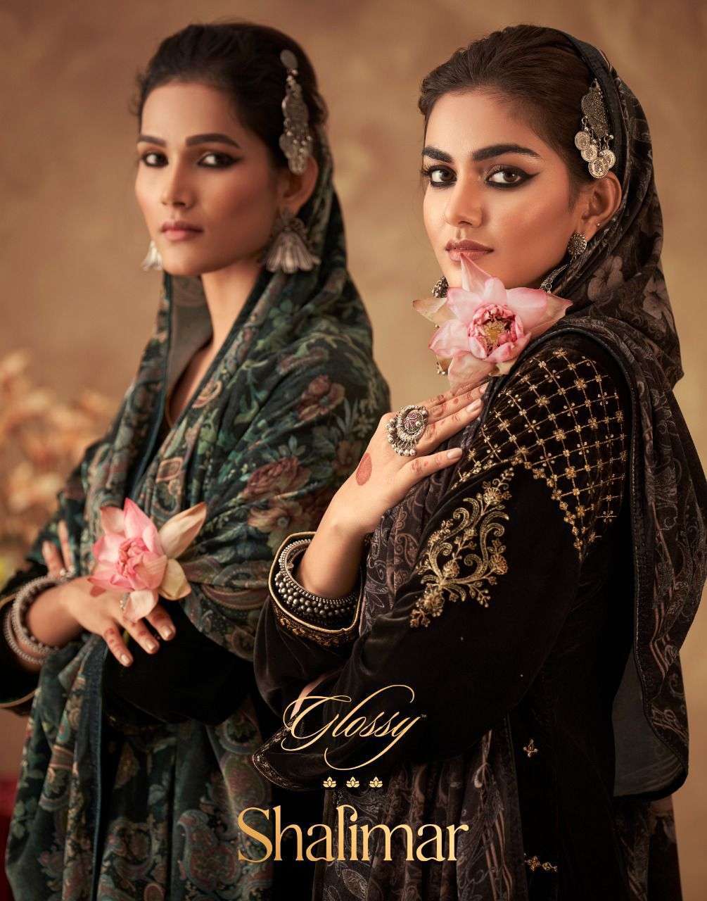 glossy shalimar series 2340-2345 velvet dyed embroidery work suit 