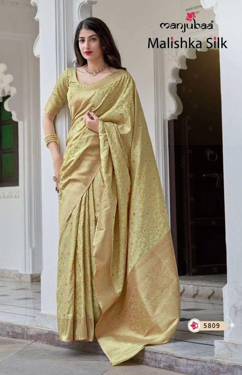 manjubaa malishka silk series 5801-5812 soft satin silk sarees 