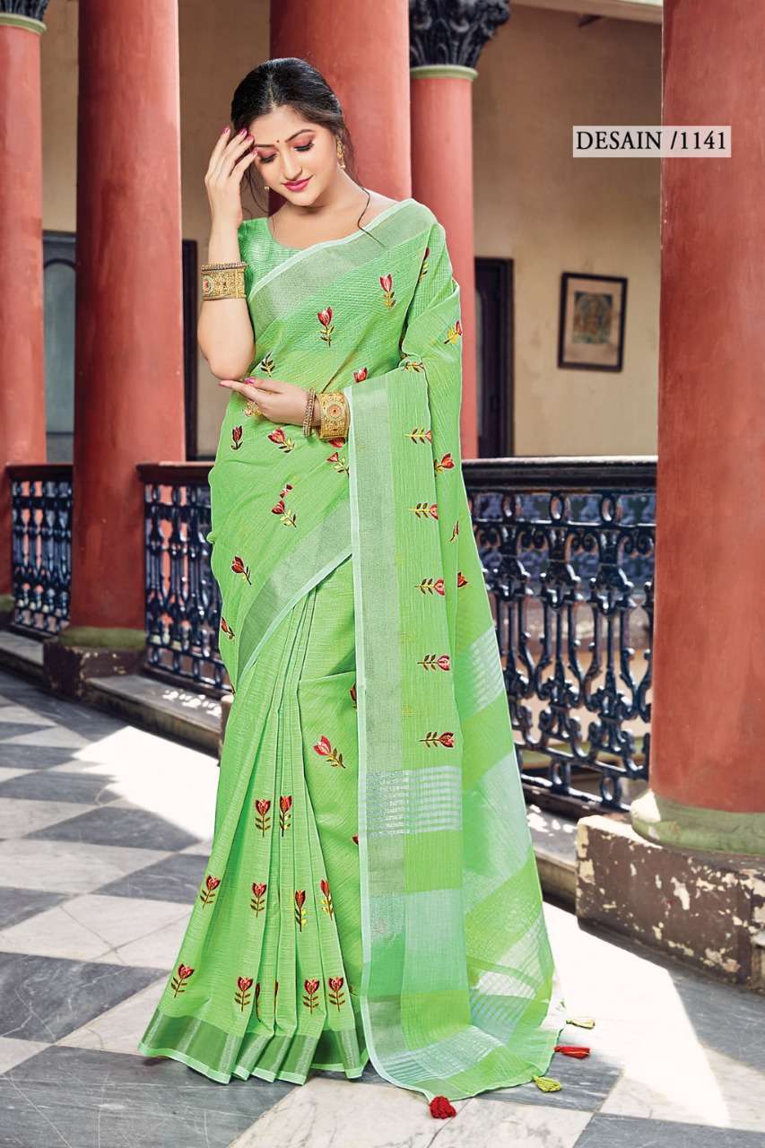 sangam prints nayra series 1135-1142 linen saree