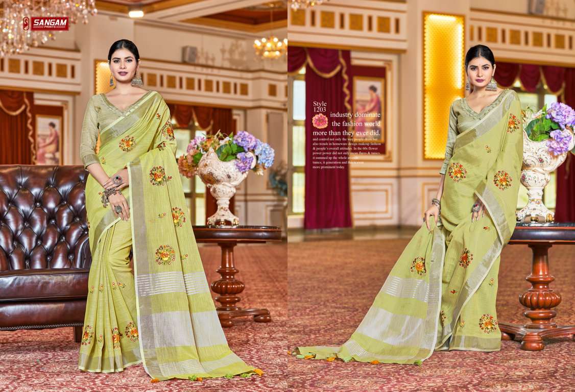 sangam prints saranya series 1199-1204 linen embroidery saree