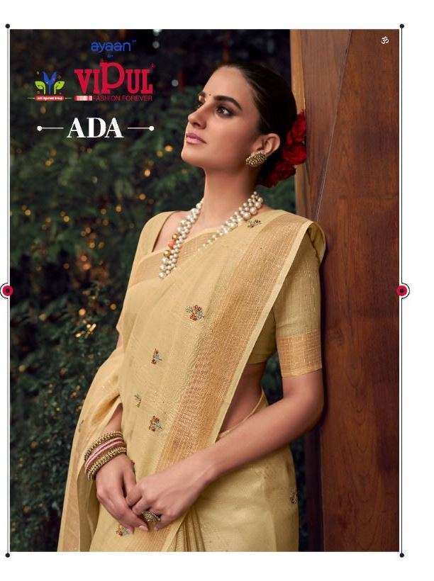 Vipul ada series 50904-50909 soft linen saree with floral embroidered motifs