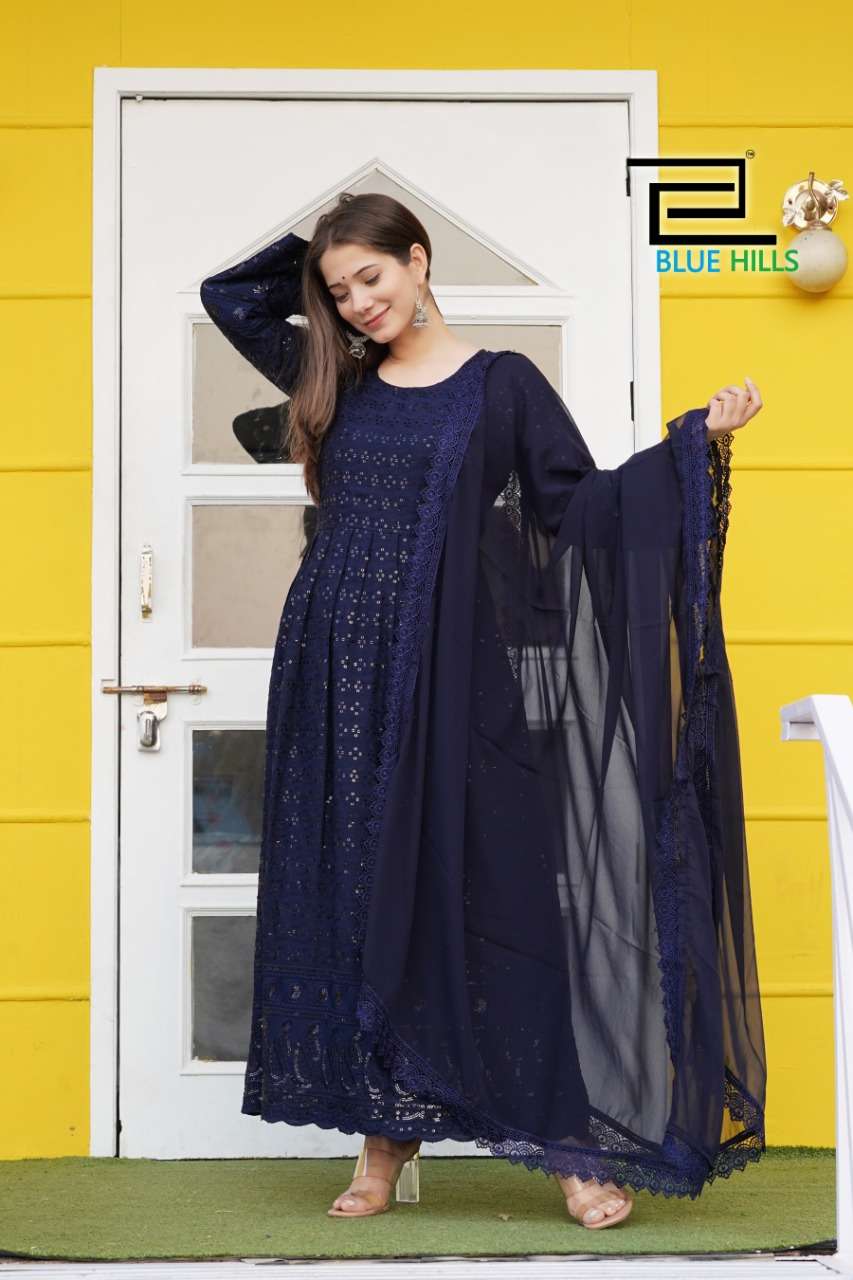 BLUE HILLS ANARKALI GOWN DESIGNER RAYON CHIKEN WORK SUIT 