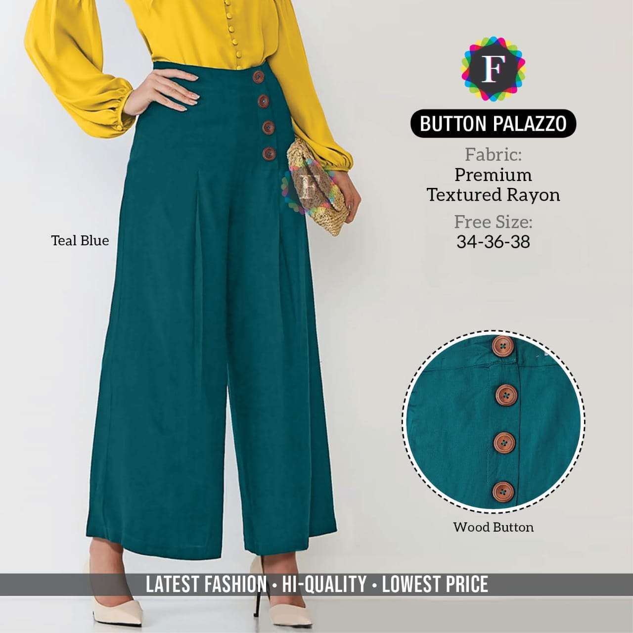 k4u Button Palazzo Premium Textured Rayon wood button plazzo