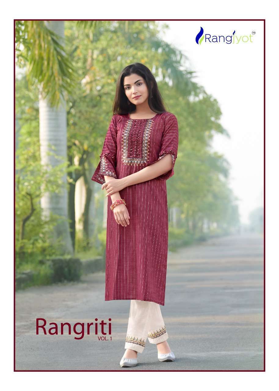 rangjyoti rangriti vol 1 series 1001-1006 fancy rayon kurti with bottom 