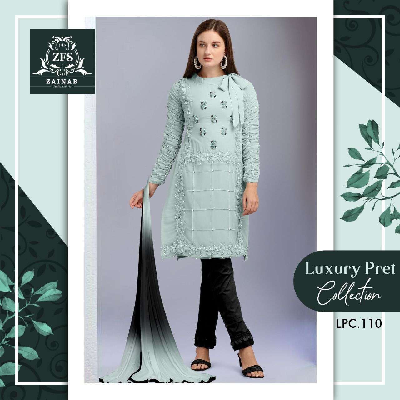 zainab studio lpc 110 Pure Georgette Luxury Tunic with beautiful classy Hand  Work & Glamours Lace Work