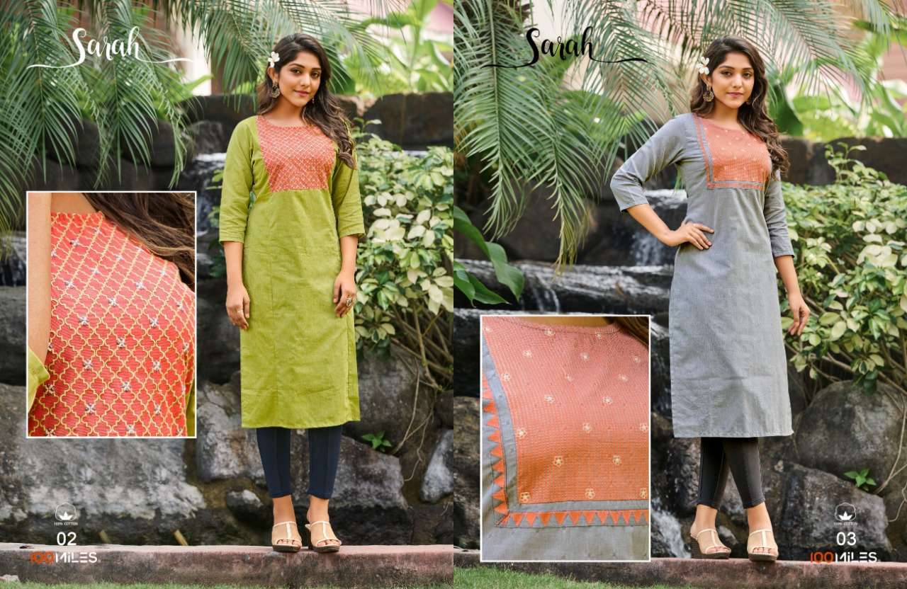 100 miles sarah series 01-04 Pure dobby Cotton kurti with fancy embroidery