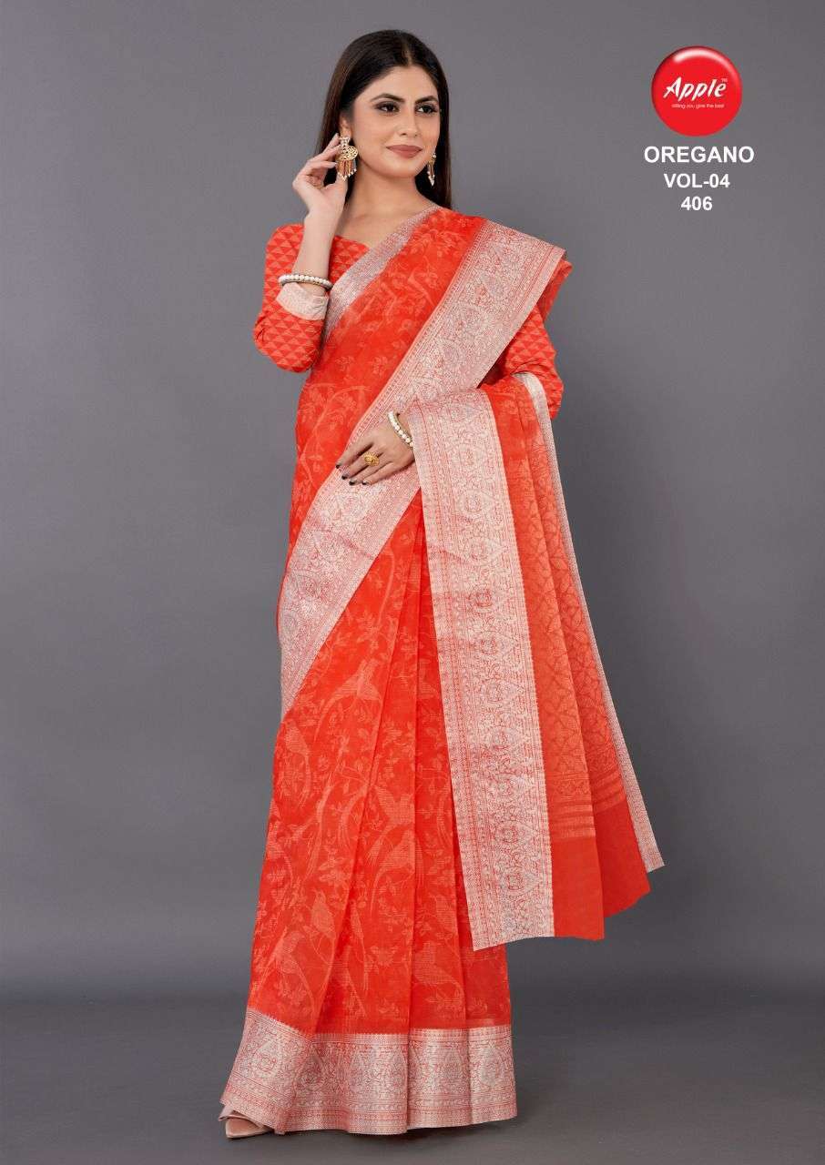 apple oregano vol 3 & 4 series 301-312 Organza with zari weaving border saree