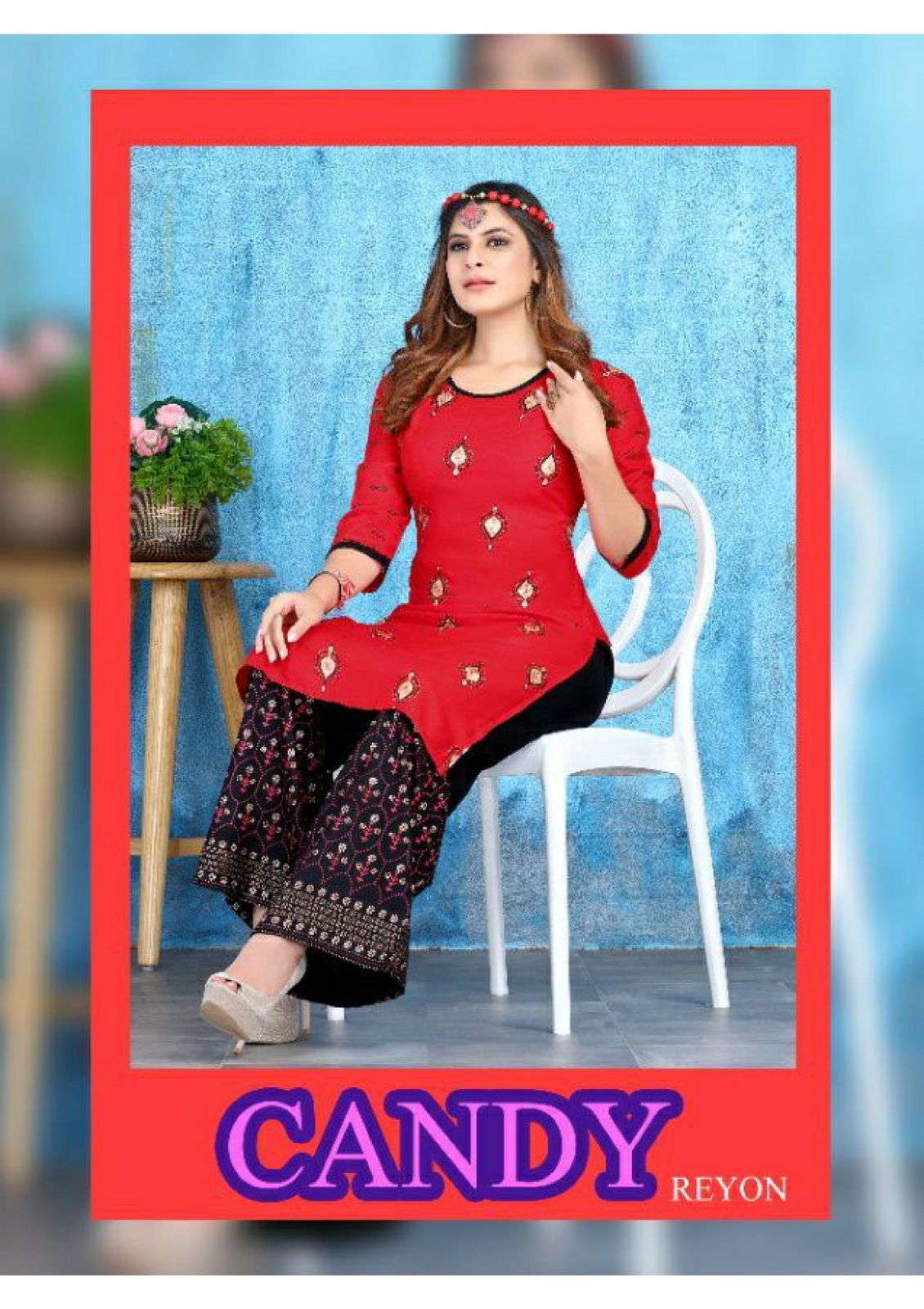 beauty queen candy series 01-10 rayon gold foil print kurti with palazzo 