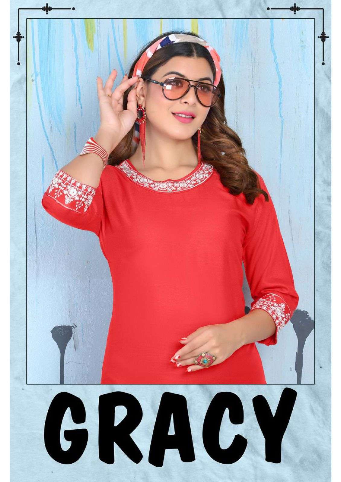 beauty queen gracy series 401-410 rayon embroidery work kurti 