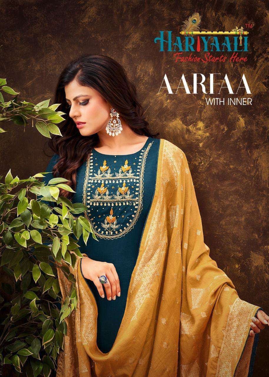 hariyaali aarfaa series 603-608 Viscose silk fabric with zardosi work suit