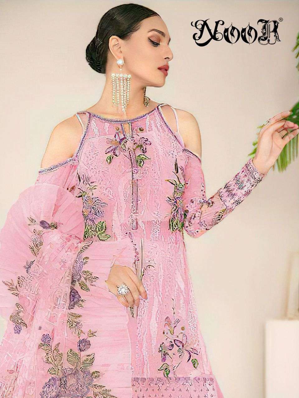 noor 603 colors Faux Georgette With Self Embroidery work with moti work suit