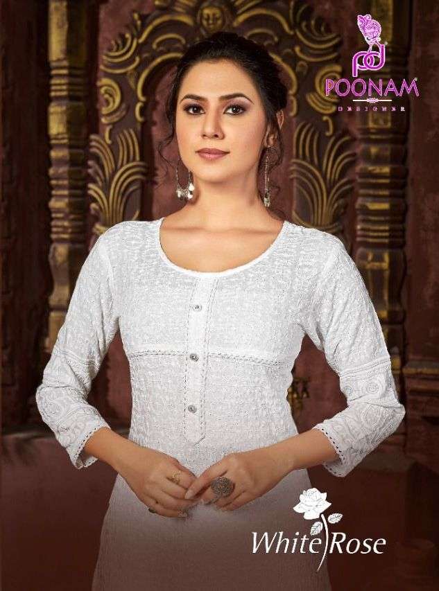 poonam white rose pure rayon front back chikan work kurti 