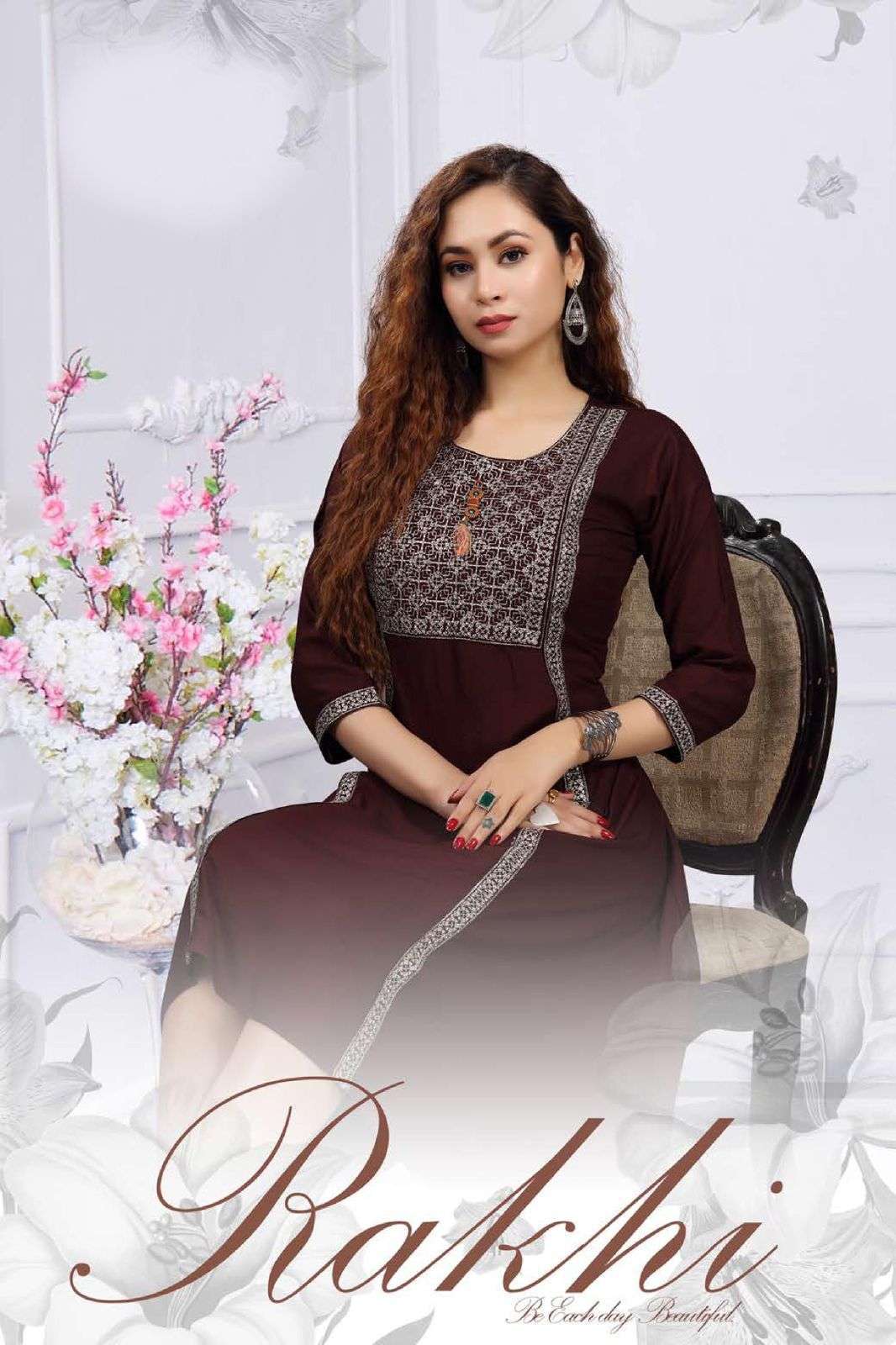 rakhi series 101-108 rayon 14 kg flair pattern kurti 