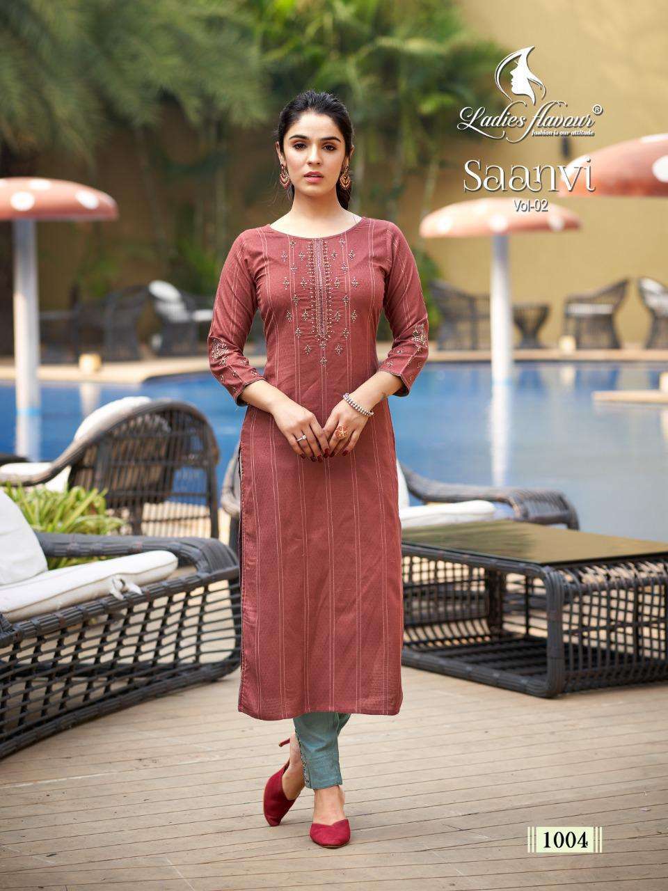 SAANVI VOL 2 BY LADIES FLAVOUR RAYON WEAVING DESIGNER FANCY KURTI WITH PANT