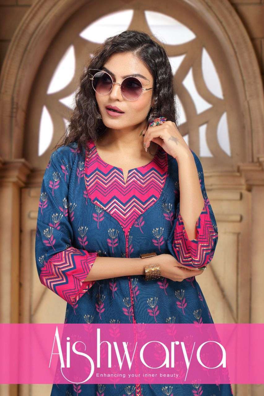 KATRINA BY KANHA BRAND HEAVY RAYON WITH CLASSY DAMAN PRINT FROCK STYLE  KURTI WITH FANCY HEAVY RAYON JACKET WHOLESALER AND DEALER