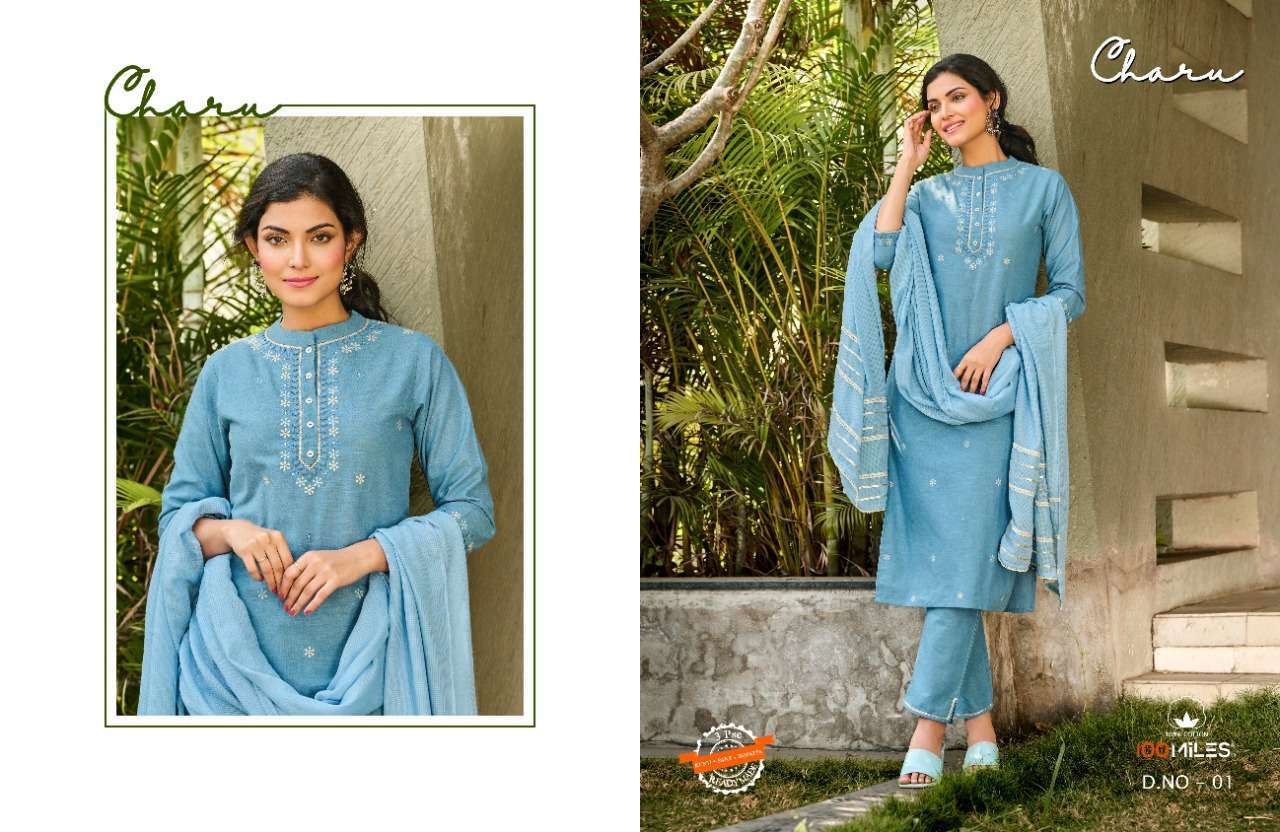 100 miles charu series 01-04 Pure linen cotton readymade suit 