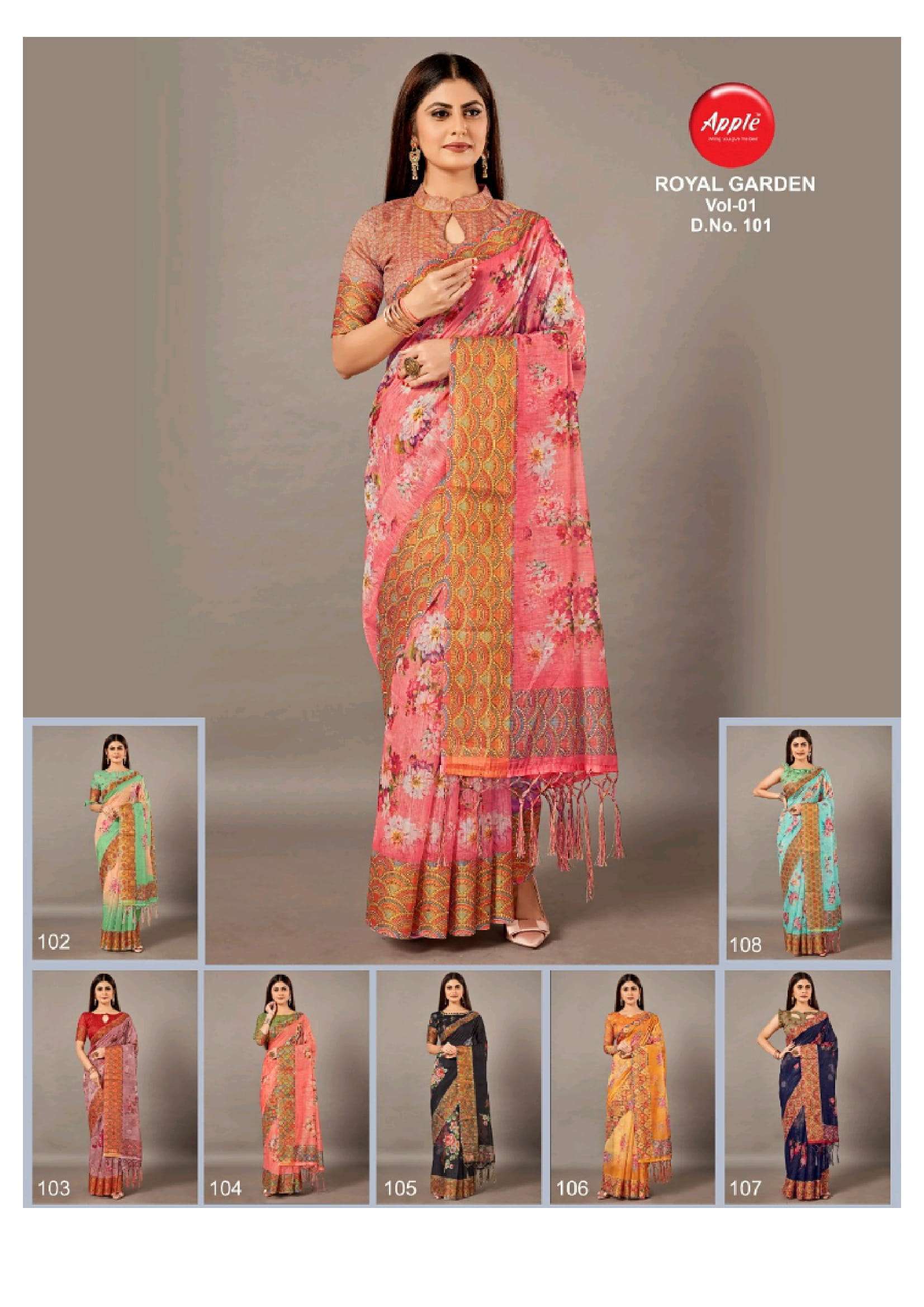 apple royal garden linen vol 1 series 101-108 Linen With Digital Print saree