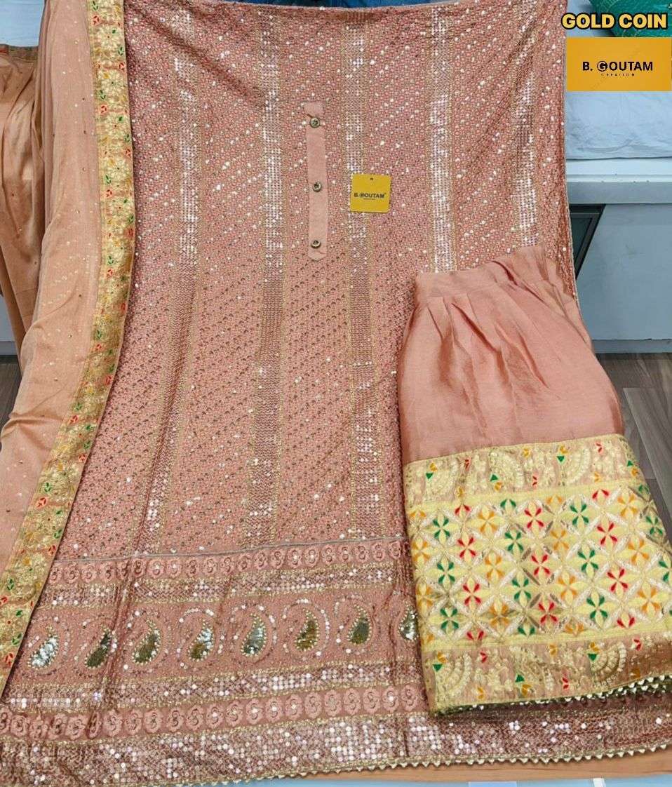 B GOUTAM CREATION GOLD COIN DESIGNER HEAVY CHINON NON CATALOG SUIT 