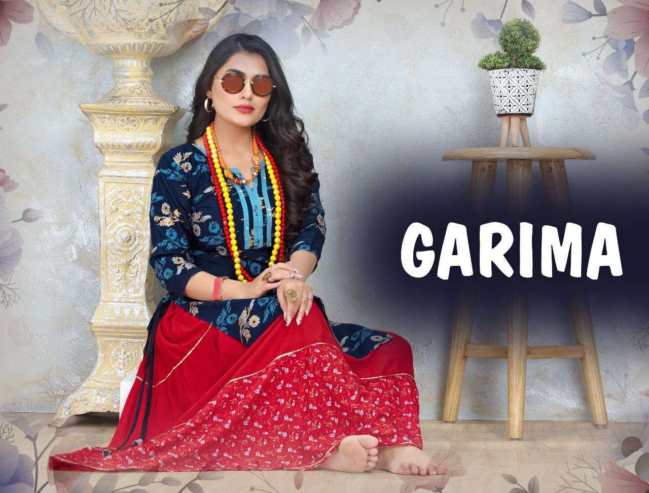 beauty queen garima series 101-106 14 kg rayon foil print kurti 