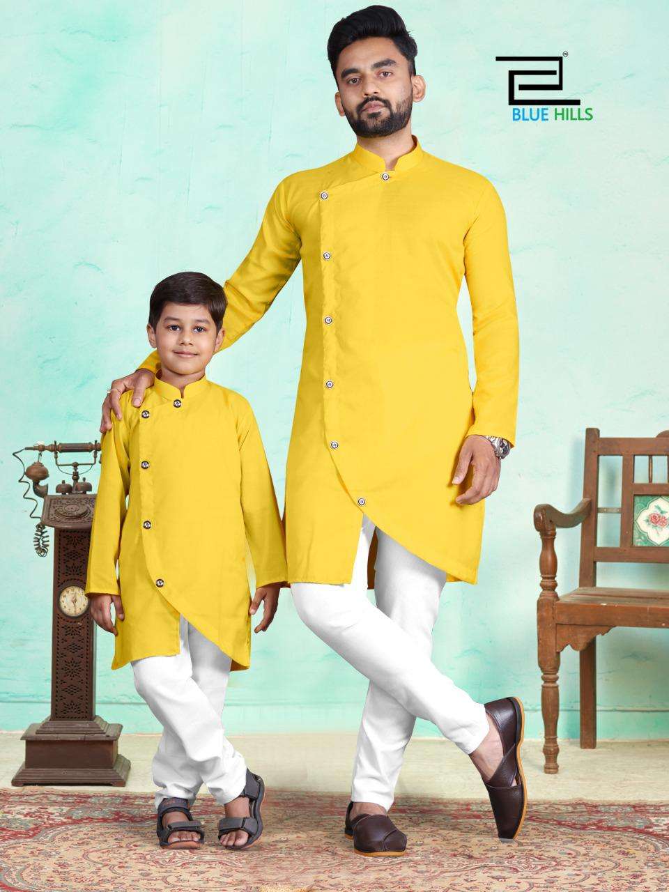 BLUE HILLS CROSS KURTA WITH PYJAMA DESIGNER COTTON FATHER AND SON KURTA