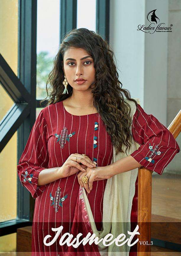 ladies flavour jasmeet vol 3 series 1031-1036 14 kg rayon strip suit 