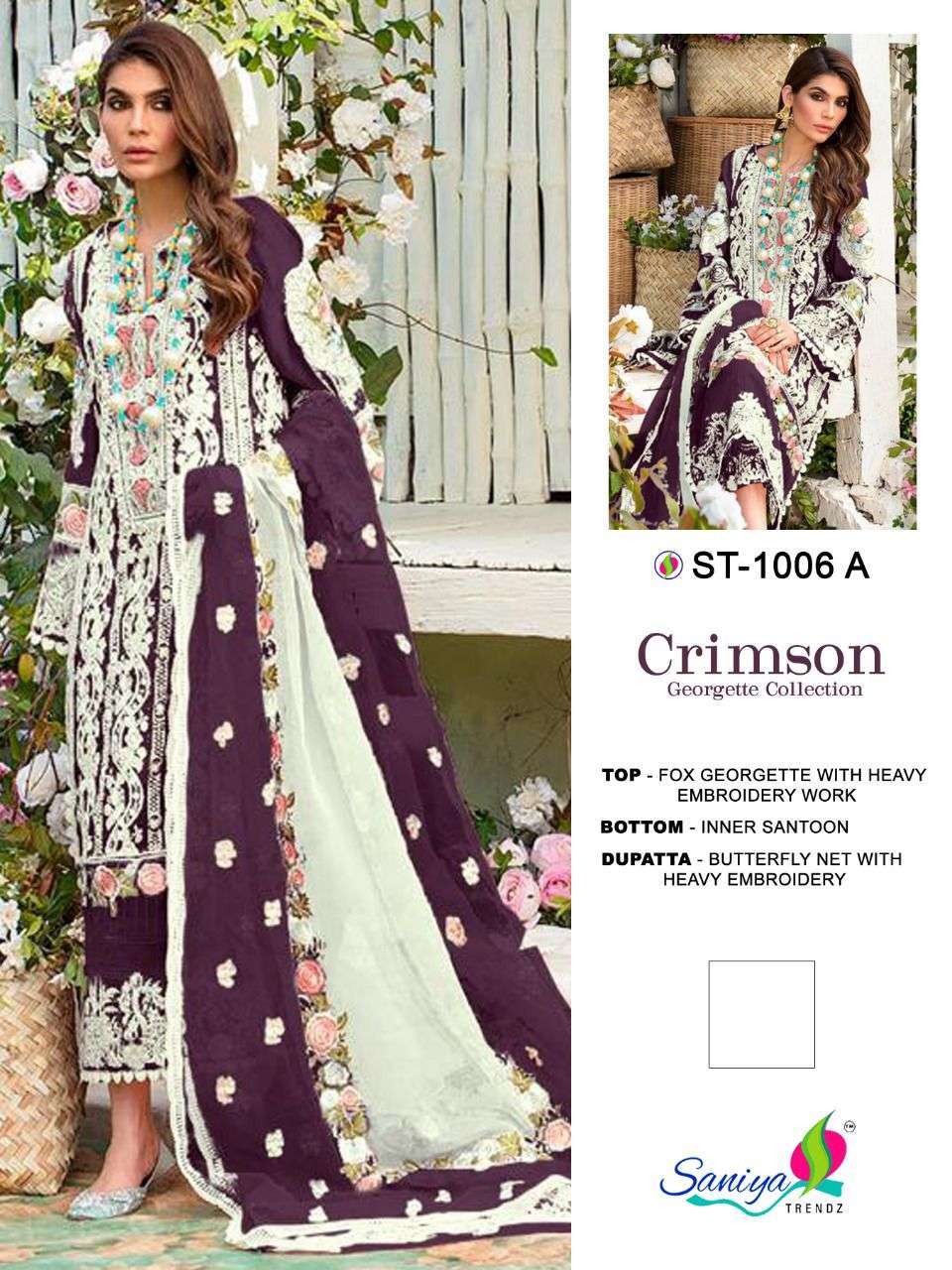 saniya trendz crimson series 1006 faux georgette with heavy embroidery suit