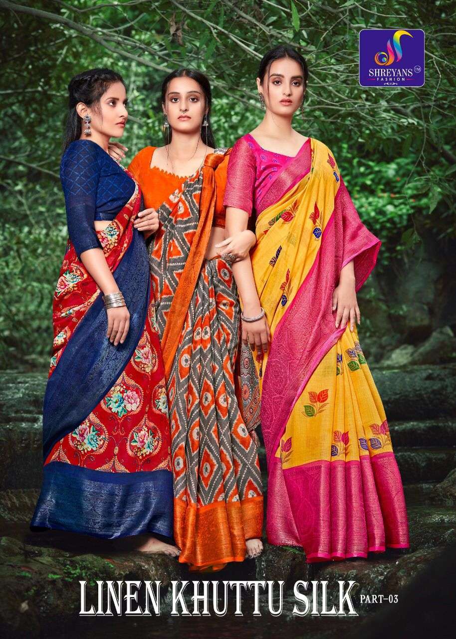 shreyans fashion linen khuttu silk vol 3 series 22-33 Linen saree