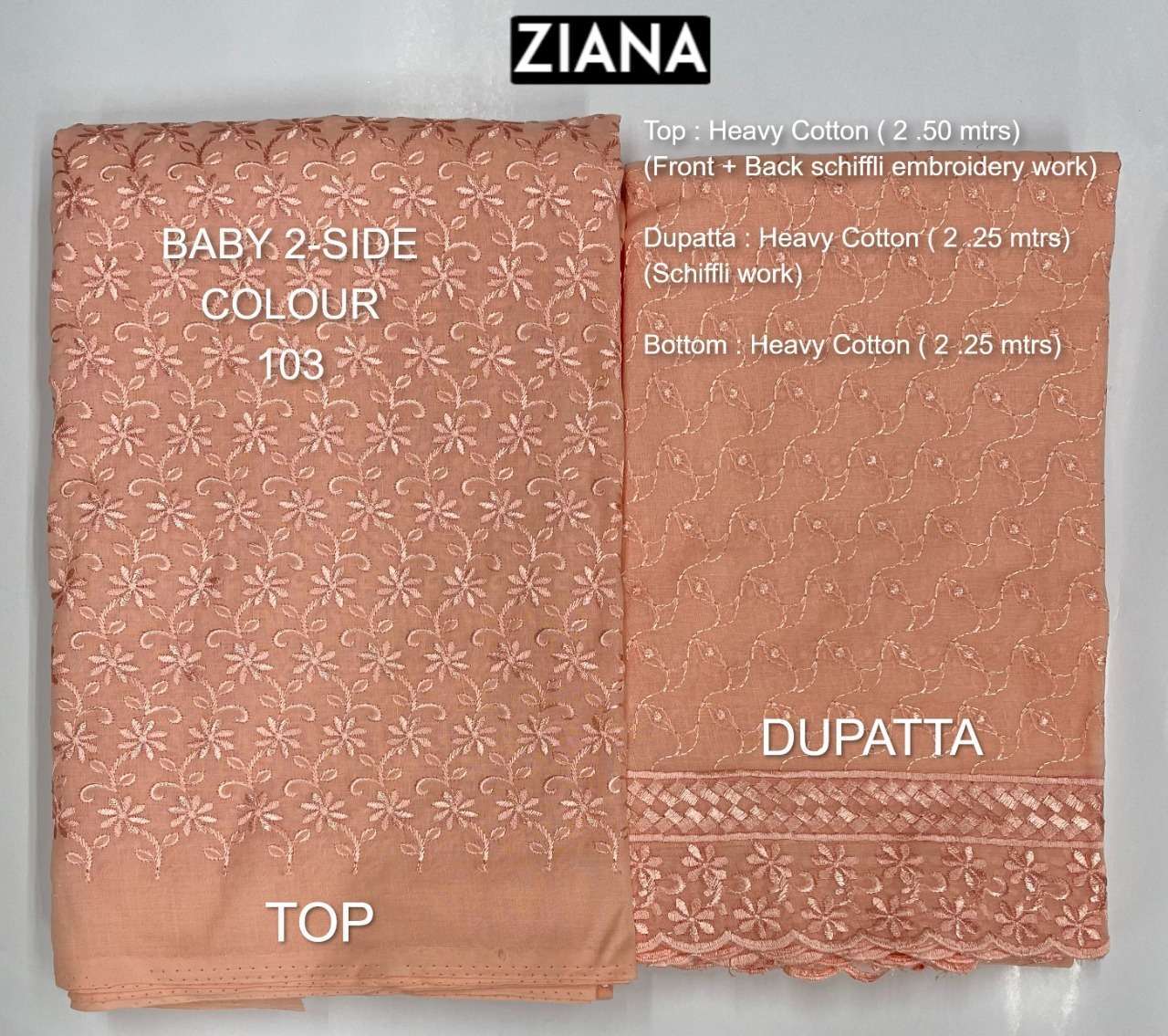 Ziana baby-3 side colour 101 heavy cotton schiffli embroidery work suit